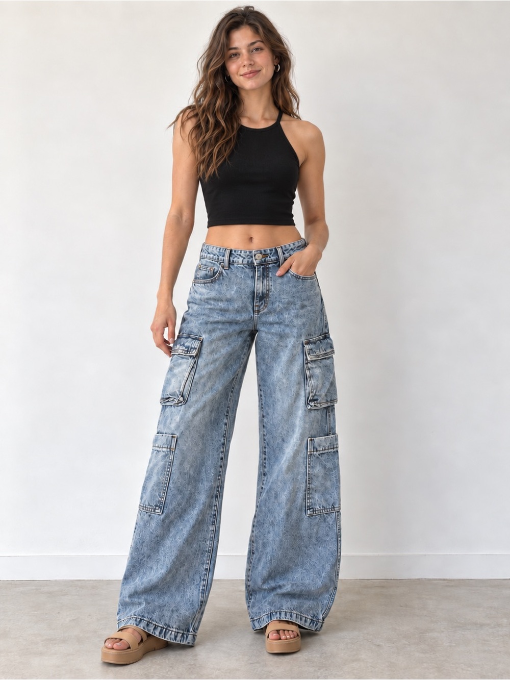 Wide-Leg Cargo Jeans in Light Acid Wash - Women
